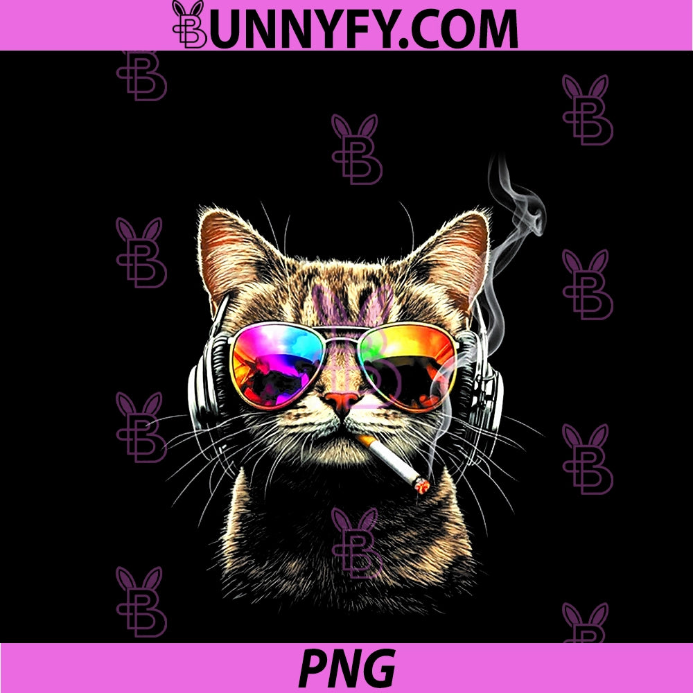 Cool Cat Wearing Sunglasses PNG, Smoking Colorful Cigarette Tabby PNG