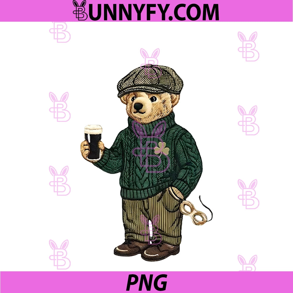 Cool Funny Teddy Bear Feeling Lucky Drinking PNG, St Patricks Day PNG