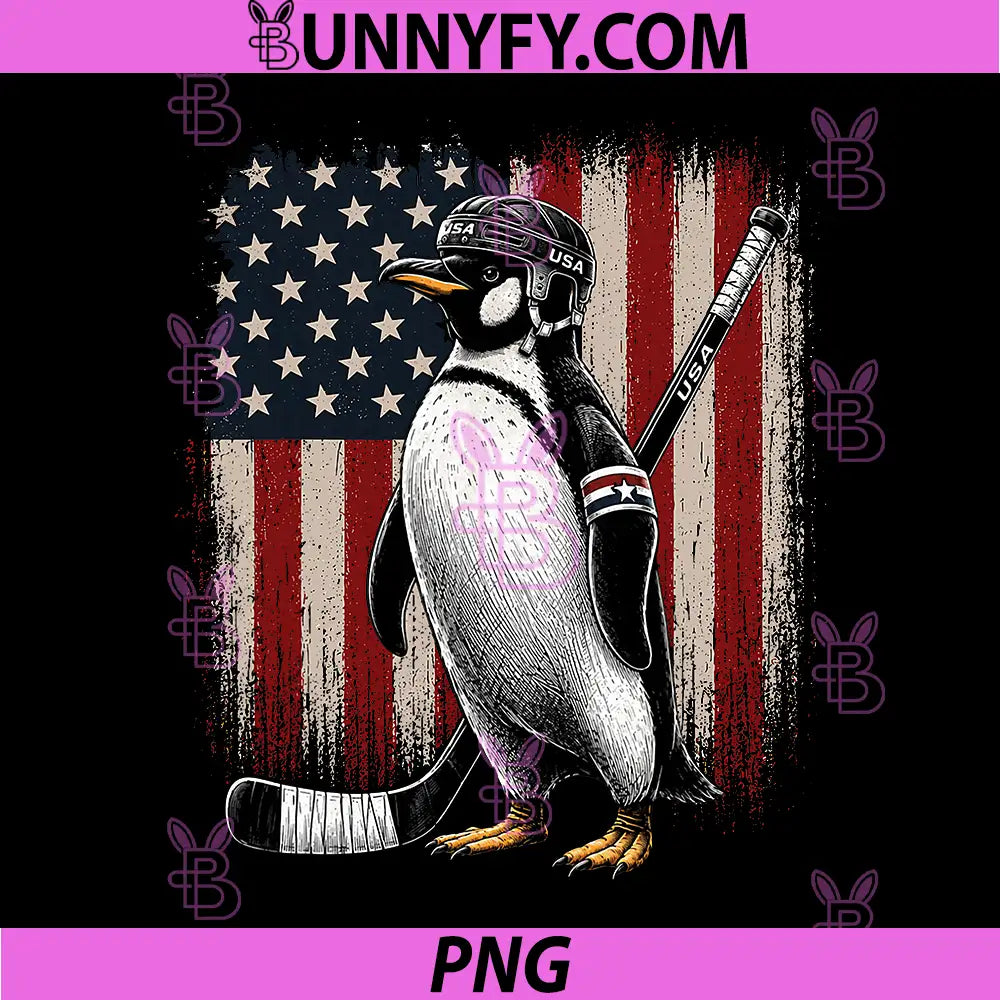 Cool Penguin Playing Hockey PNG, American Flag Patriotic Sports PNG