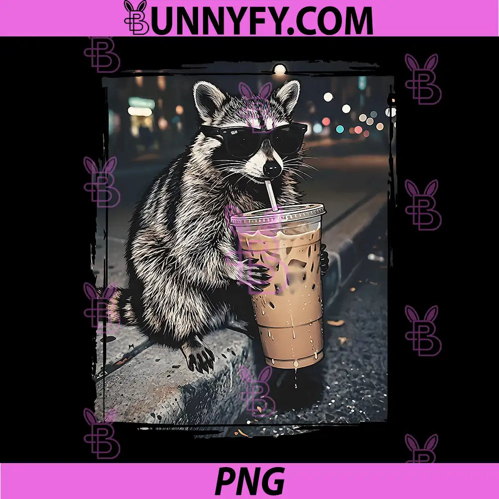 Cool Raccoon Drinking Iced Coffee PNG, Funny Animal Raccoon Meme PNG