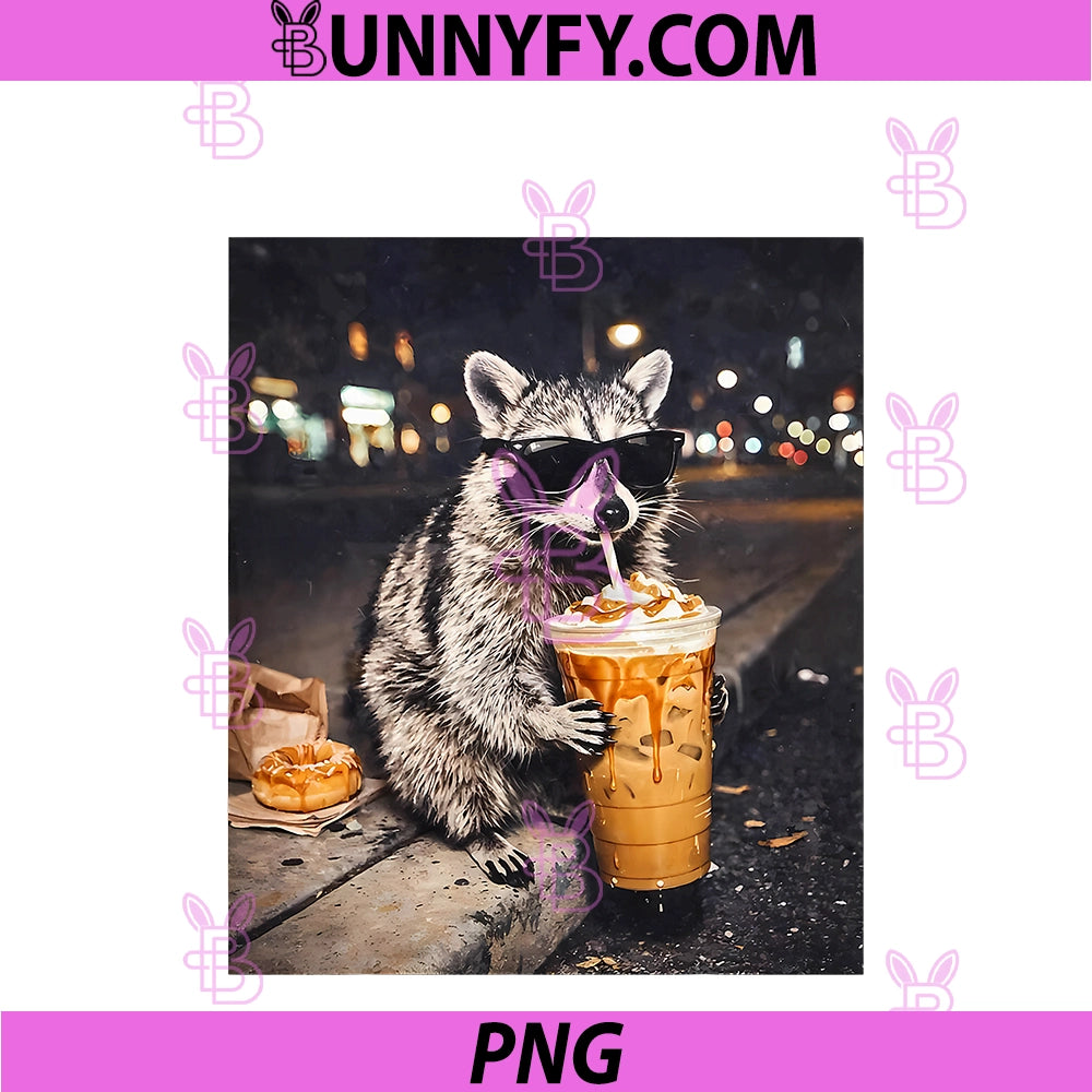 Cool Raccoon Drinking Iced Coffee PNG, Animal Meme Graphic PNG