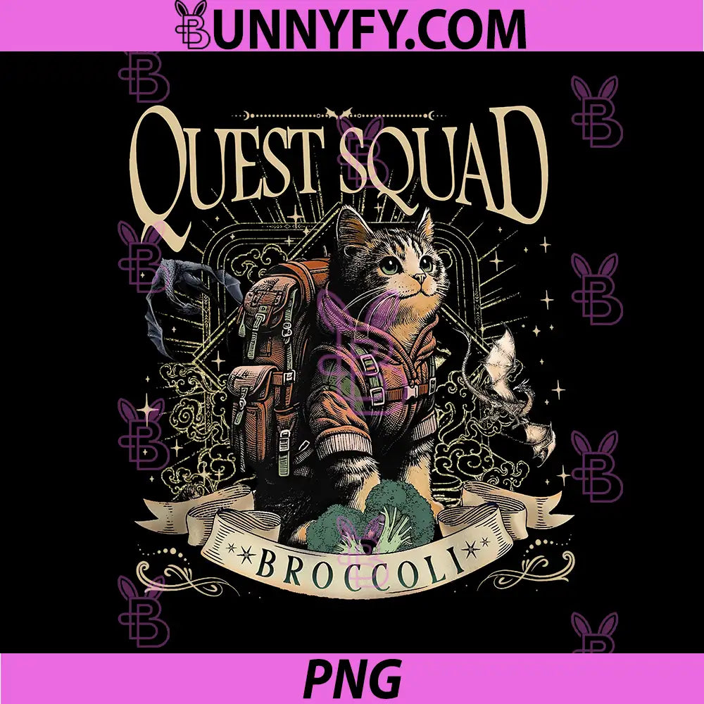 Quest Squad Broccoli Hiking Cat PNG, Fantasy Cat Traveler Illustration PNG