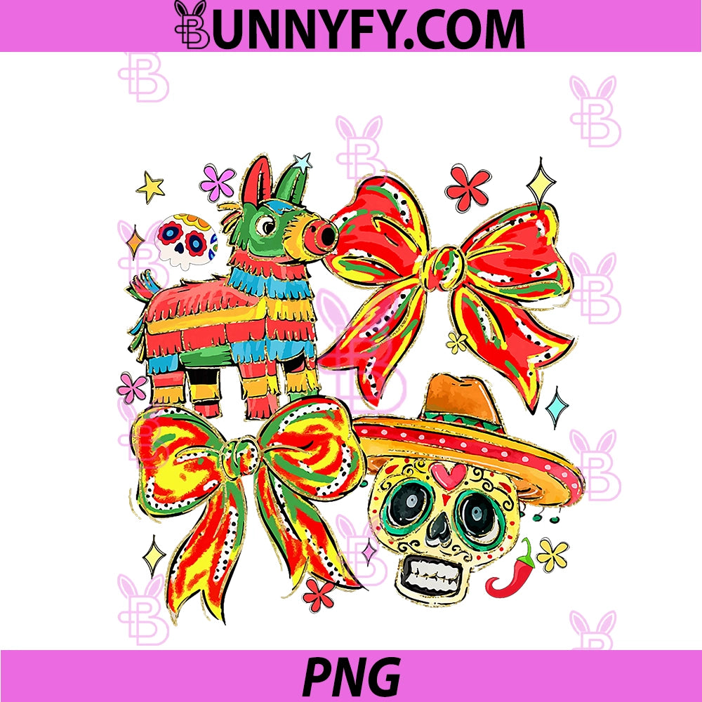 Coquette Bow Fiesta Party Cinco De Mayo PNG, Sugar Skull Pinata PNG