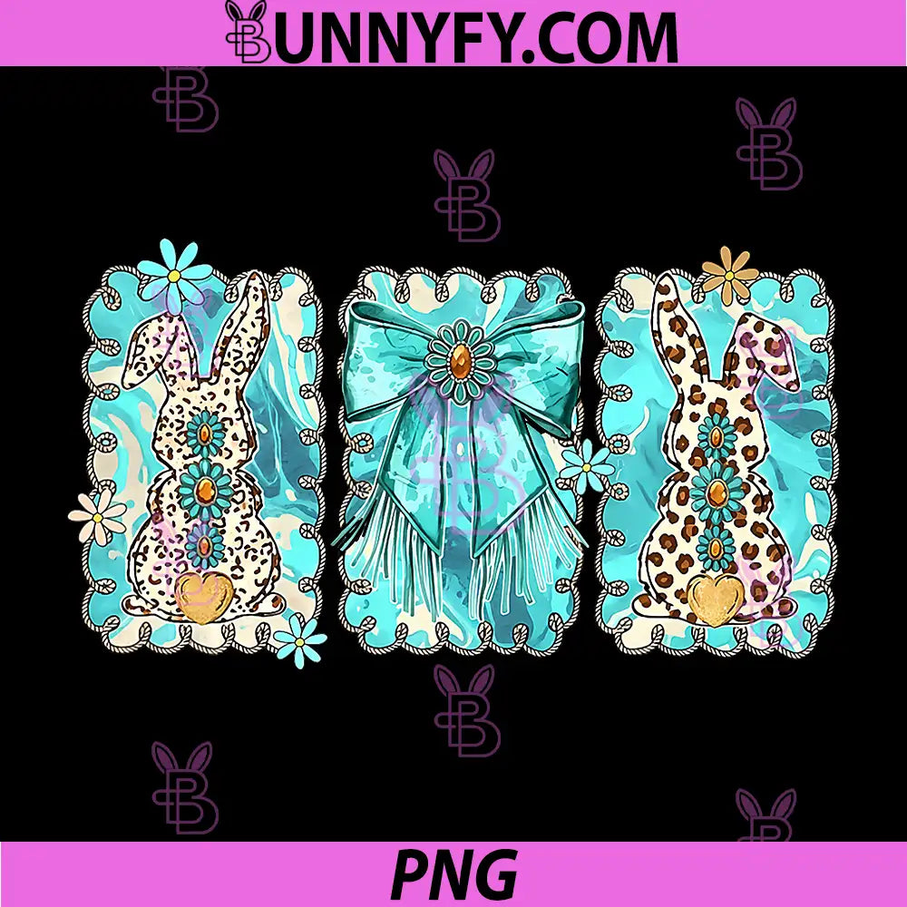 Coquette Cowhide Easter Bunny PNG, Turquoise Bow Wildflower PNG