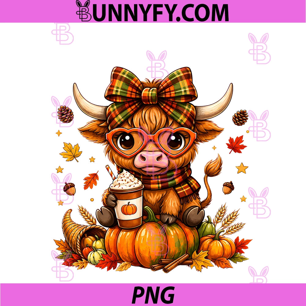 Coquette Highland Cow Fall Pumpkin PNG, Spice Autumn Thanksgiving PNG