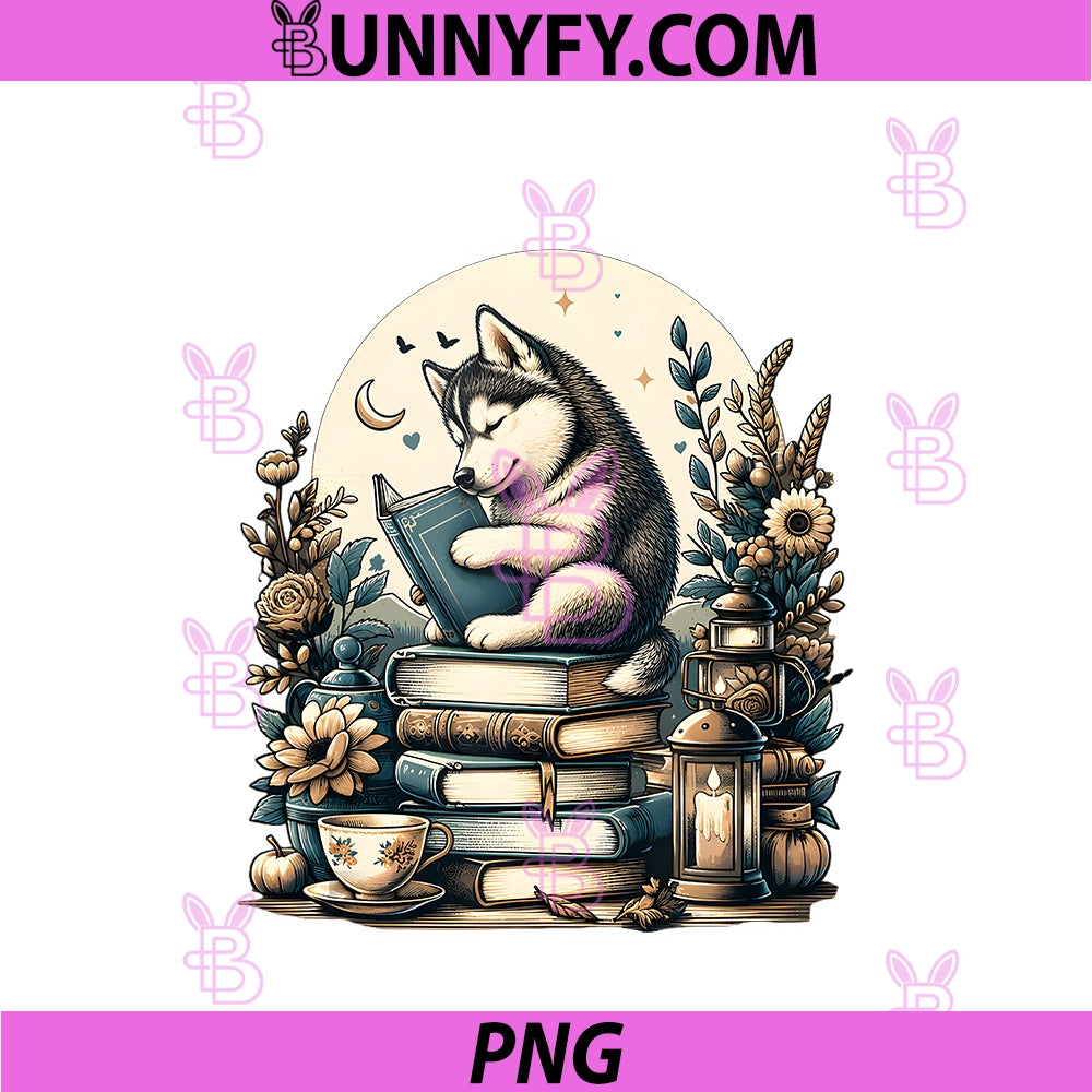 Cottagecore Aesthetic Siberian Husky Dog PNG, Reading Book Nerd PNG