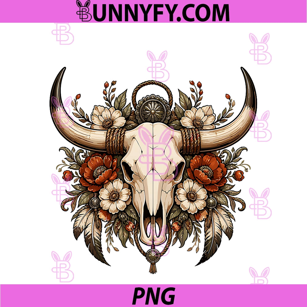 Cowboy Longhorn Bull Skull PNG, Wildflower Ranch PNG