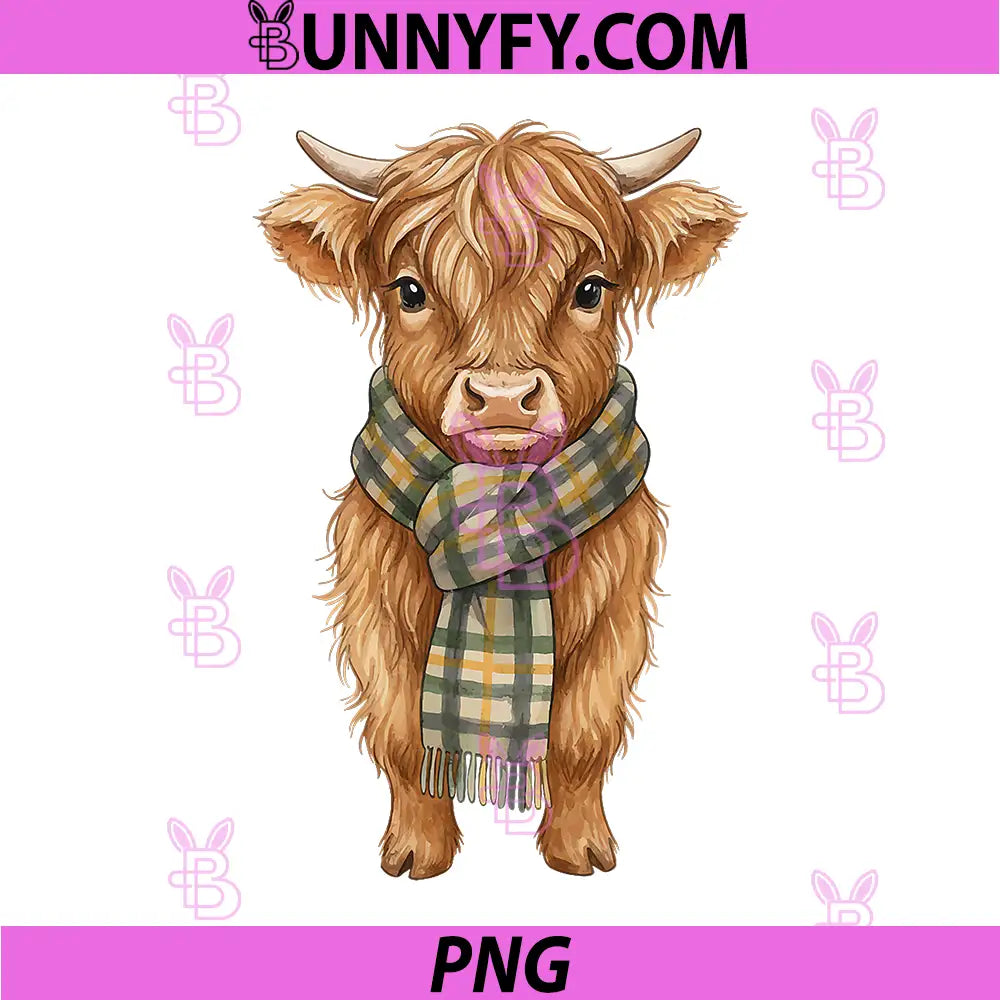 Cozy Fall Highland Cow Illustration PNG, Cute Autumn Cow With Scarf PNG