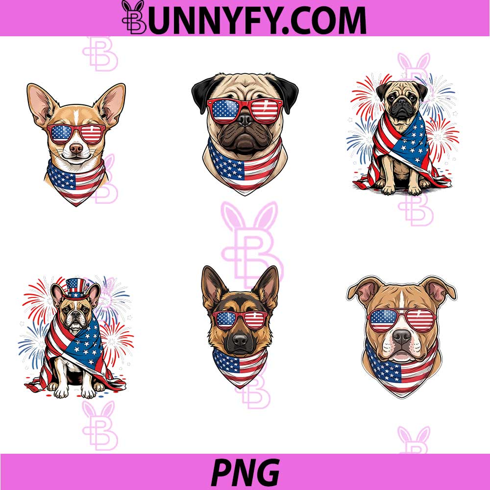 Cute Pug USA Flag Sunglasses PNG Bundle, 4th of July PNG