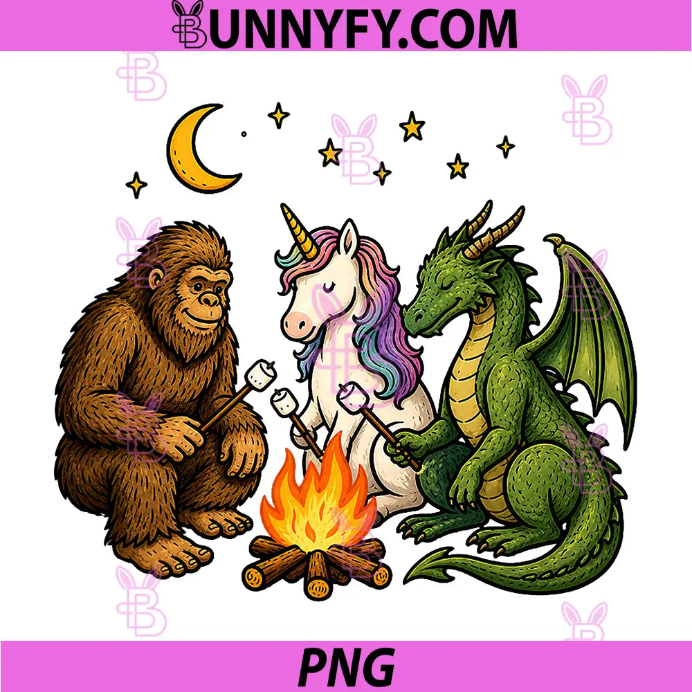 Cute Bigfoot Unicorn PNG, Dragon Campfire Camping PNG