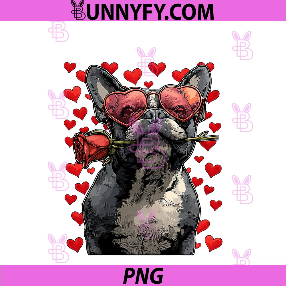 Cute Boston Terrier In Glasses Rose PNG, Valentine's Day Dog PNG