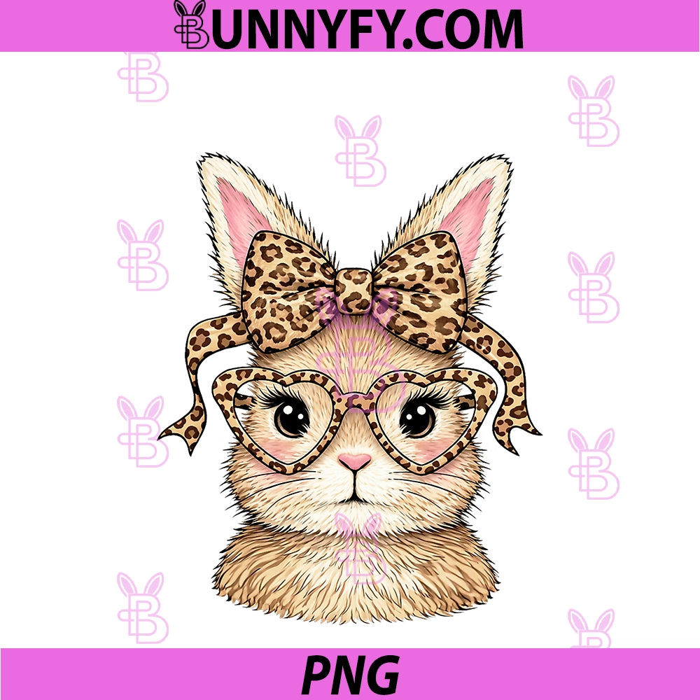Cute Bunny Rabbit Face Leopard Coquette Bow PNG, Glasses Easter PNG
