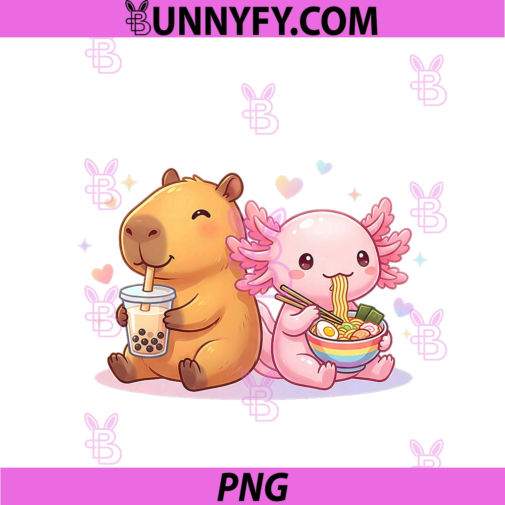 Cute Capybara Boba And Axolotl PNG, Ramen Kawaii PNG