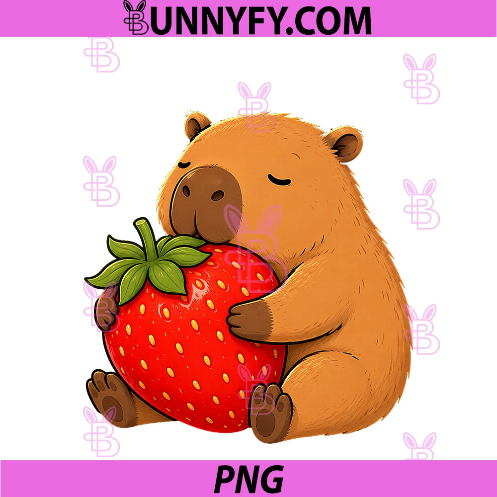 Cute Capybara Hugging Strawberry Kawaii PNG, Funny Capybara PNG