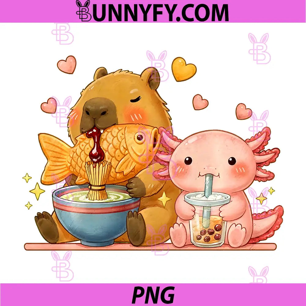 Cute Capybara Ramen and Axolotl PNG, Boba Kawaii PNG