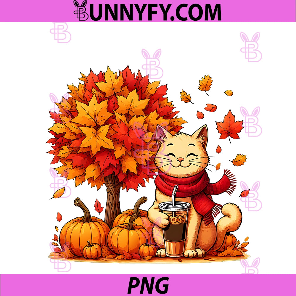 Cute Cat Holding Iced Coffee PNG, Under Fall Tree Autumn Cat Leaf PNG
