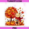 Cute Cat Holding Iced Coffee Under Fall Tree PNG, Autumn Cat Leaf PNG