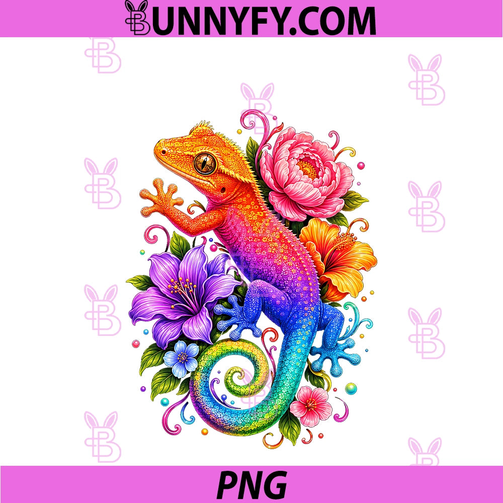 Cute Colorful Crested Gecko PNG, Flowers Rainbow PNG