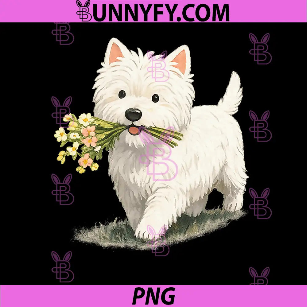 Cute Westie Dog Holding Flowers PNG, White Terrier Puppy Illustration PNG