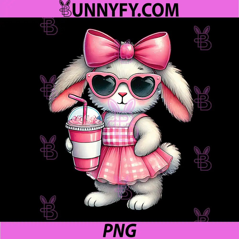 Cute Easter Bunny Girls PNG, Drinking Iced Coffee Bow PNG