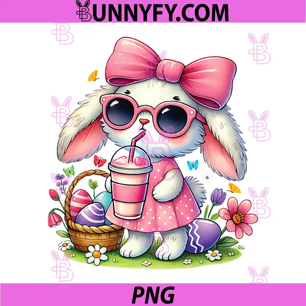 Easter Bunny Girl PNG, Cute Bunny With Iced Coffee PNG