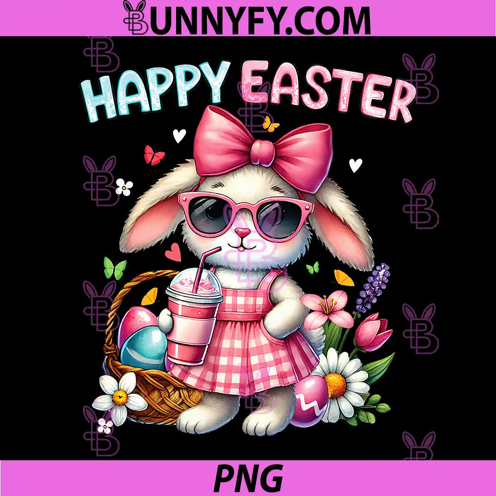 Cute Easter Bunny Girls PNG, Drinking Iced Coffee Bow PNG