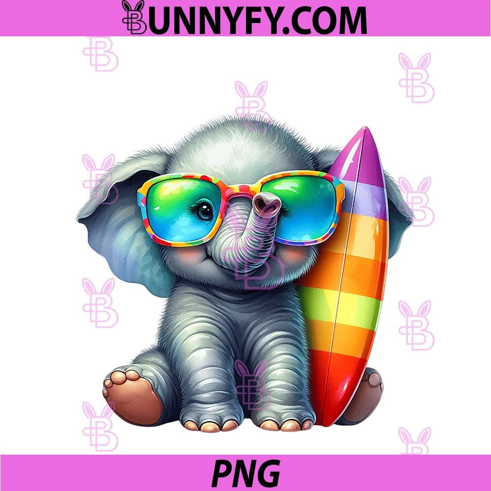 Cute Elephant Surfer Rainbow PNG, Sunglasses Beach PNG
