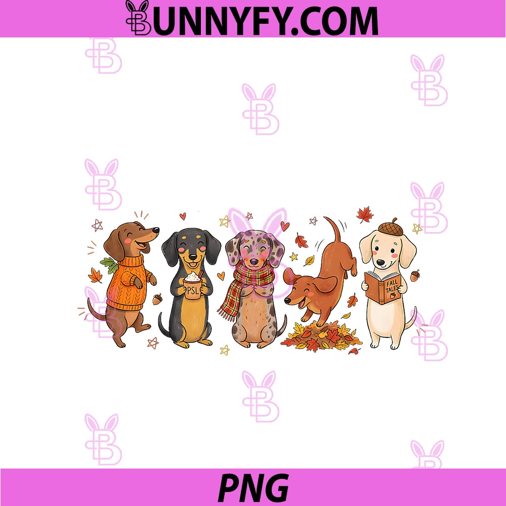 Cute Fall Dachshund Dogs PNG, Pumpkin Spice Leaves Autumn PNG