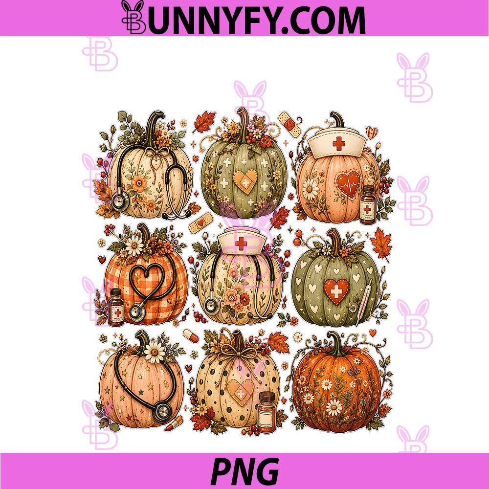Cute Floral Medical Fall Nurse PNG, Pumpkin Thanksgiving PNG