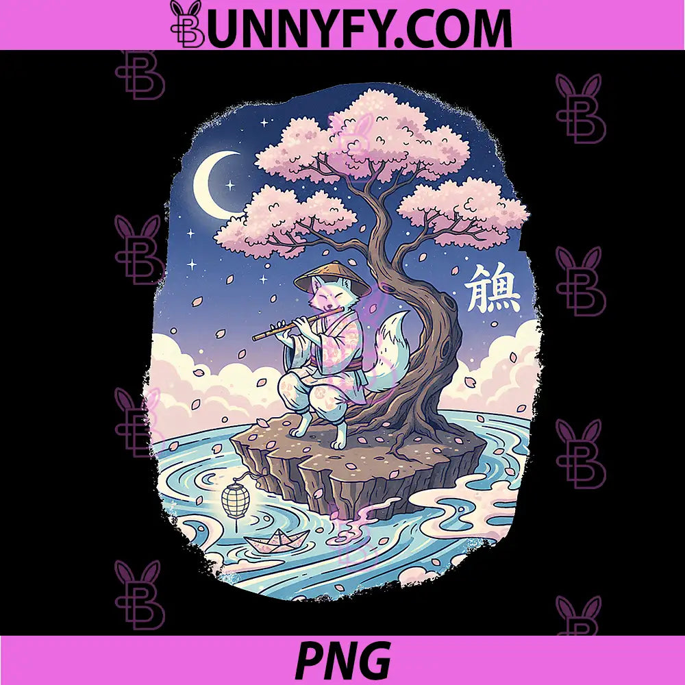 Cute Fox Playing Flute PNG, Under Cherry Blossom Moonlit Tree PNG