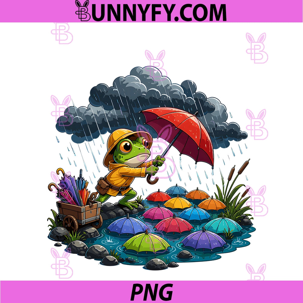 Cute Frog In Rain PNG, Colorful Umbrella Pond PNG