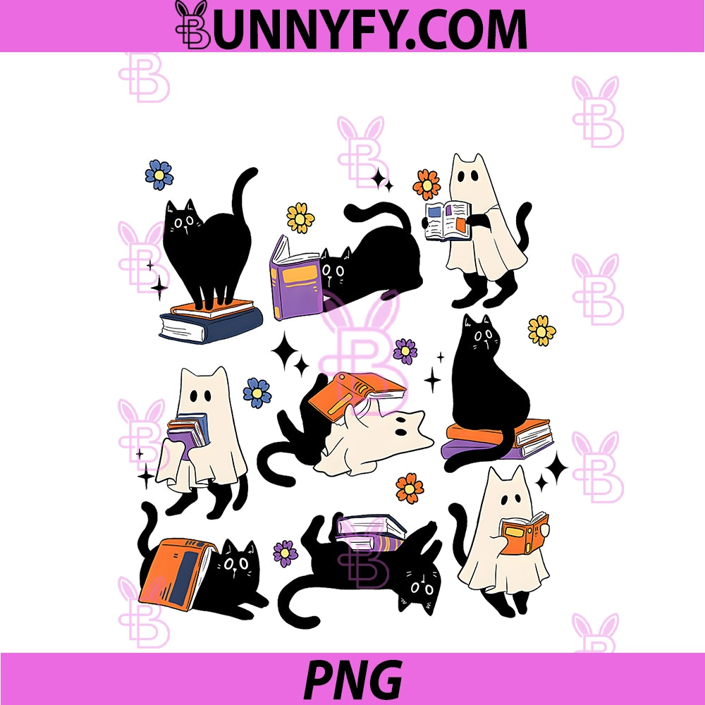 Cute Ghost Cat Reading Books Bookish Lover PNG, Halloween Spooky PNG