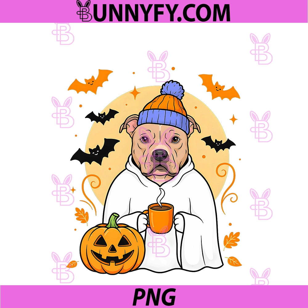 Cute Ghost Pitbull Dog Pumpkin Drinks Beanie PNG, Fall Halloween PNG