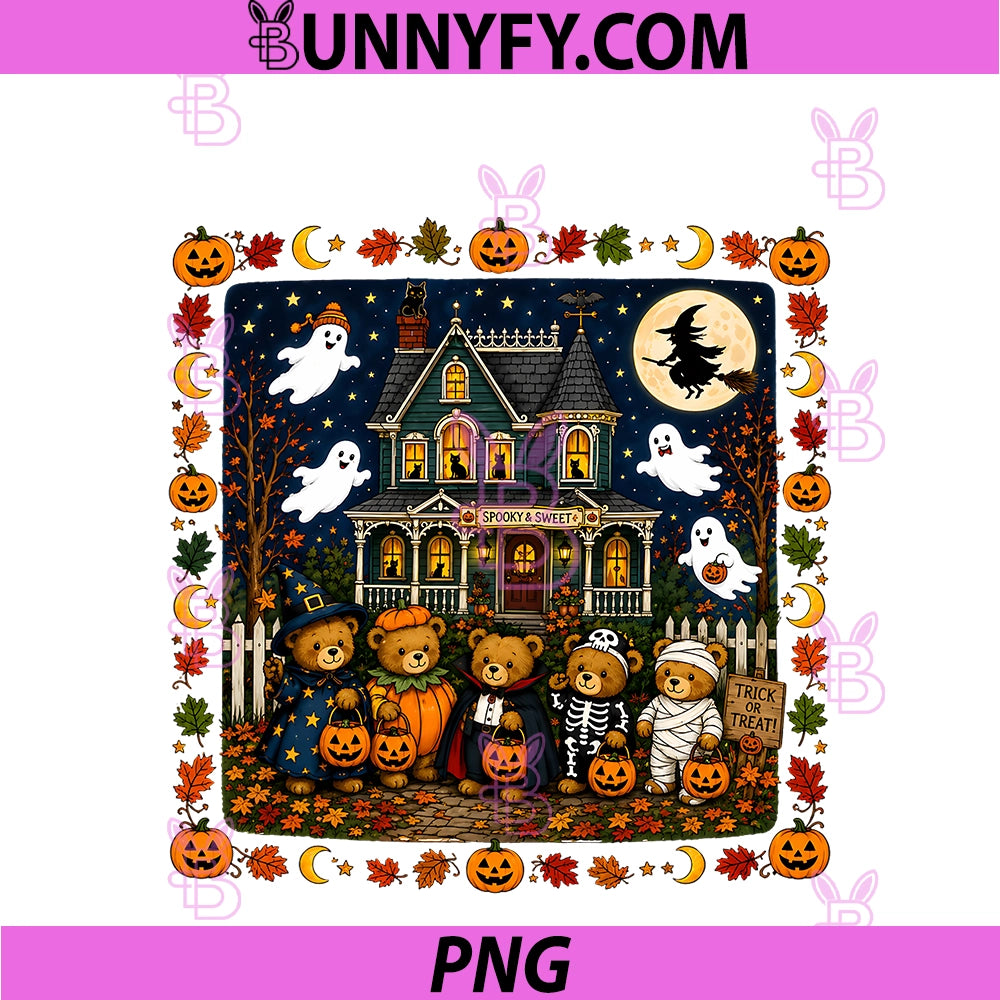 Cute Halloween Teddy PNG, Bears House Scene PNG