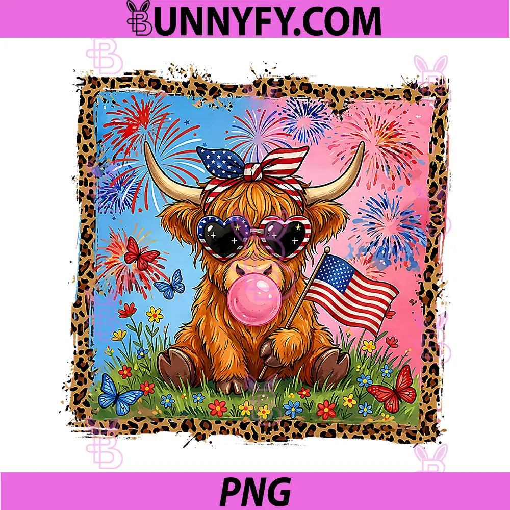 Cute Highland Cow 4th of July PNG, USA Flag Patriotic Cow Farmer PNG