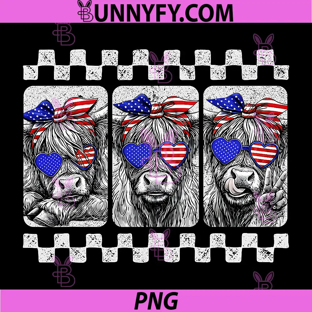 Cute Highland Cow 4th of July USA PNG, Flag Patriotic Cow Farmer PNG