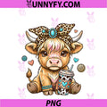 Cute Highland Cow Drink Coffee Leopard Bow PNG, Western Cowgirl PNG