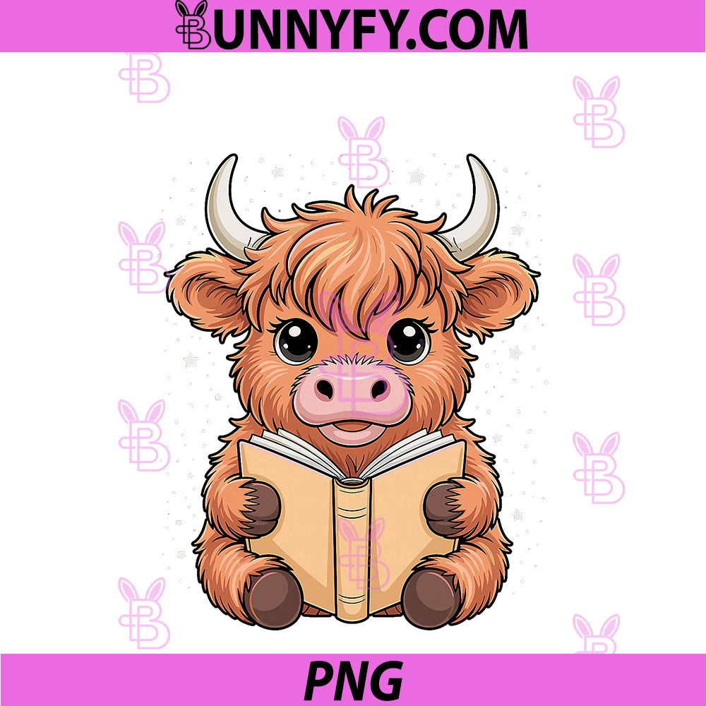 Cute Highland Cow PNG, Reading Book PNG