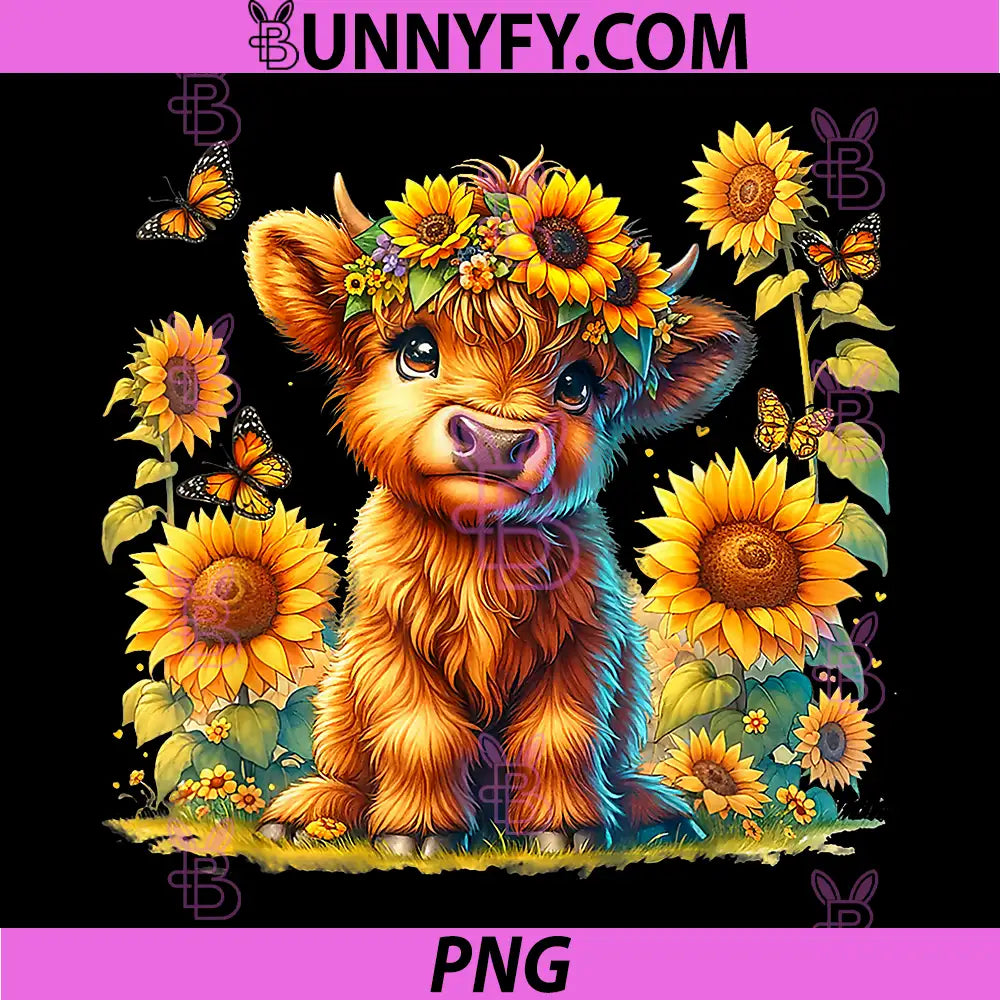 Cute Highland Cow With Sunflower PNG, Butterflies Farm Western PNG