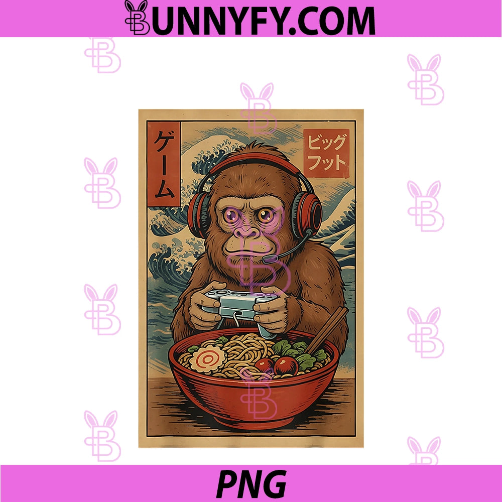 Cute Kawaii Gamer Bigfoot Ramen Retro PNG, Japanese Ukiyo-E Art PNG