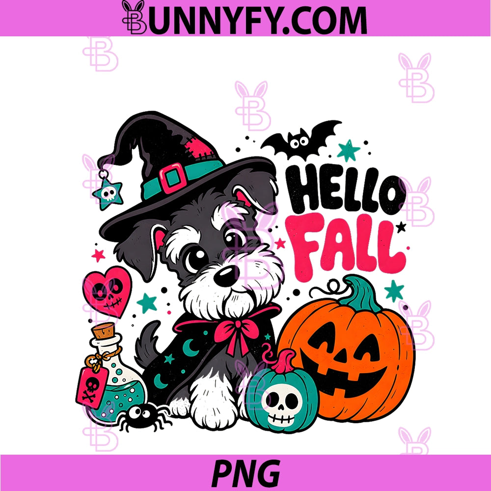 Cute Miniature Schnauzer Witch Hello Fall PNG, Halloween Pumpkin PNG