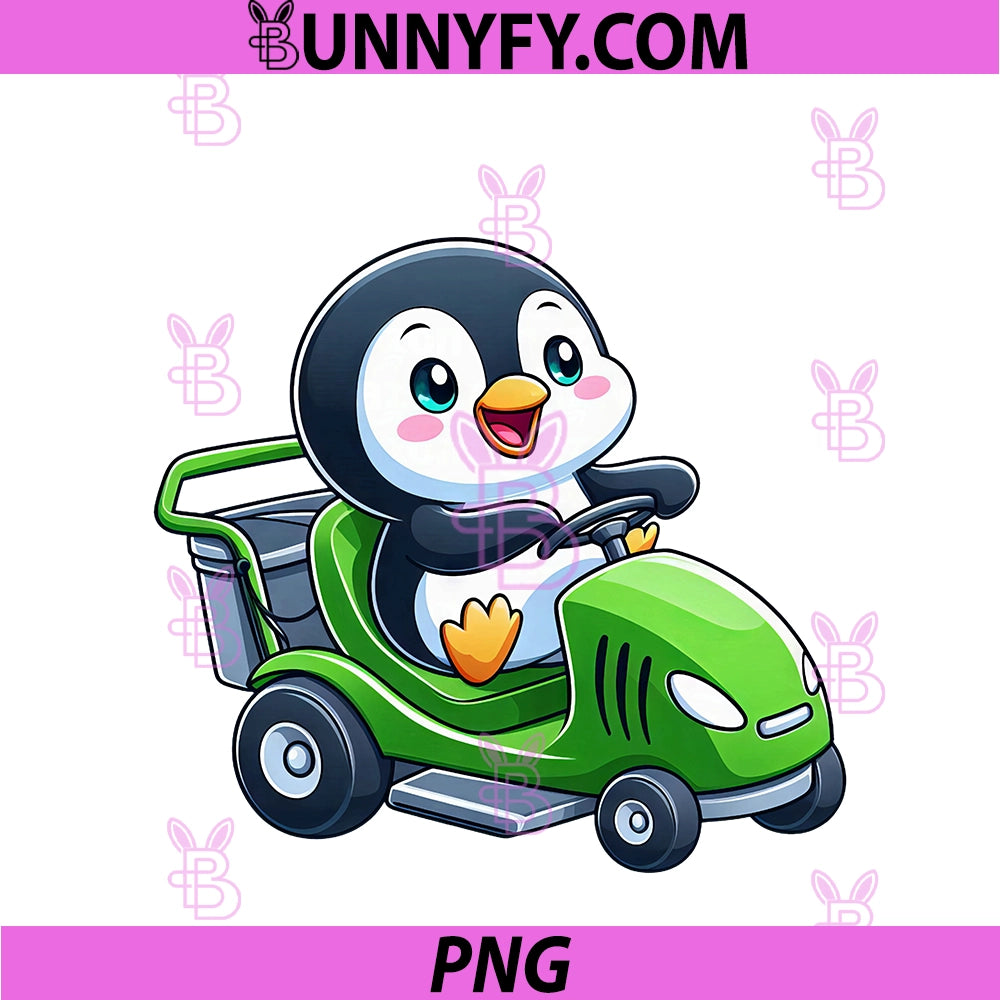 Cute Penguin Mowing Lawn PNG, Cartoon Green Design PNG