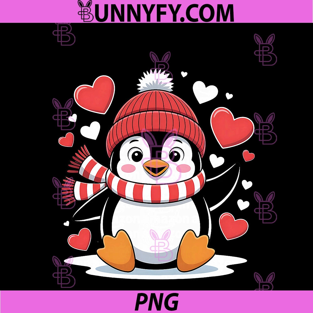 Cute Penguin Valentine Hearts PNG, Design With Winter Hat, Scarf PNG