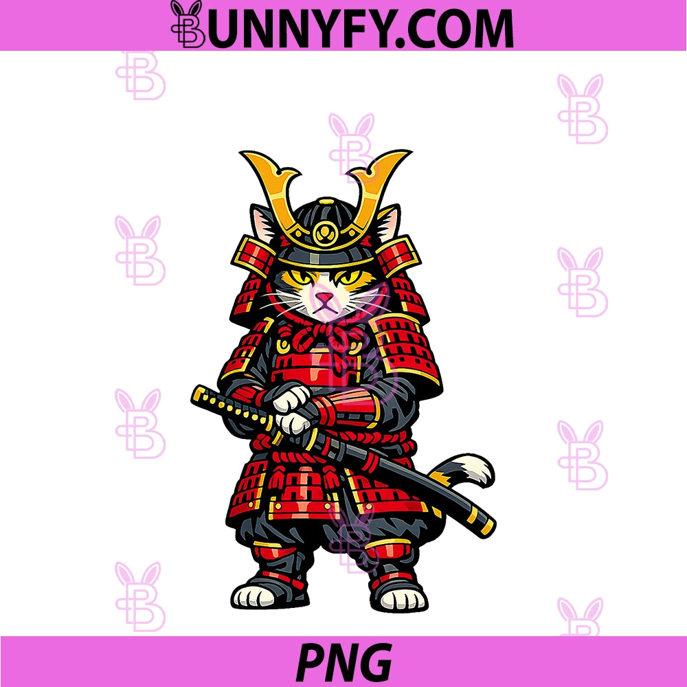 Cute Samurai Cat Swordsman PNG, In Armor Fierce Manga Artwork PNG