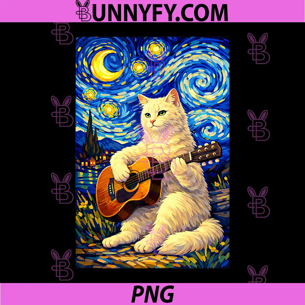 Cute White Cat Playing Guitar PNG, Whimsical Art Music Camping PNG