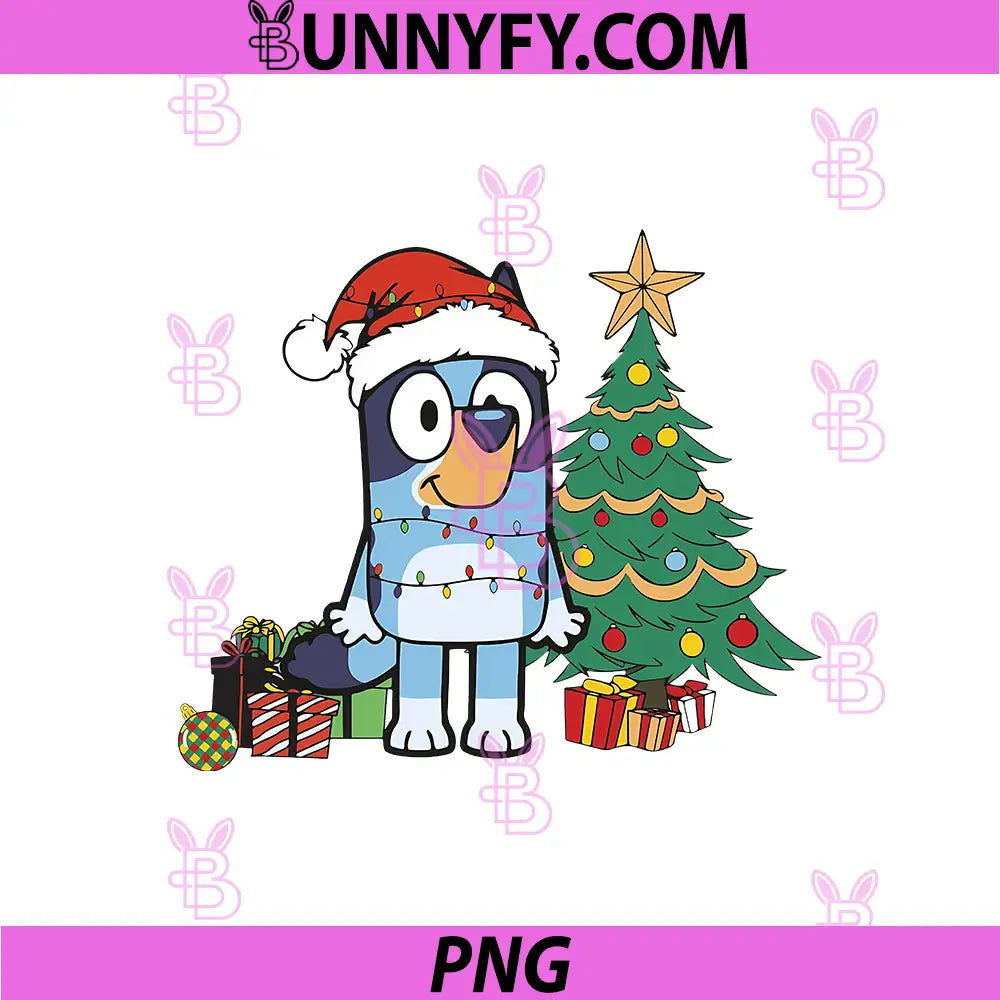 Bluey Wearing Santa Hat With Christmas Tree PNG, Festive Holiday Gifts PNG