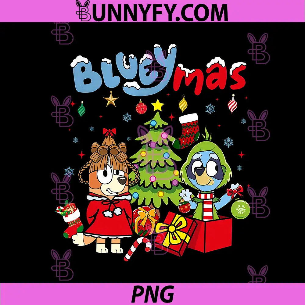 Bluey Mas Christmas Character With Tree And Gifts PNG, Cute Holiday Scene PNG