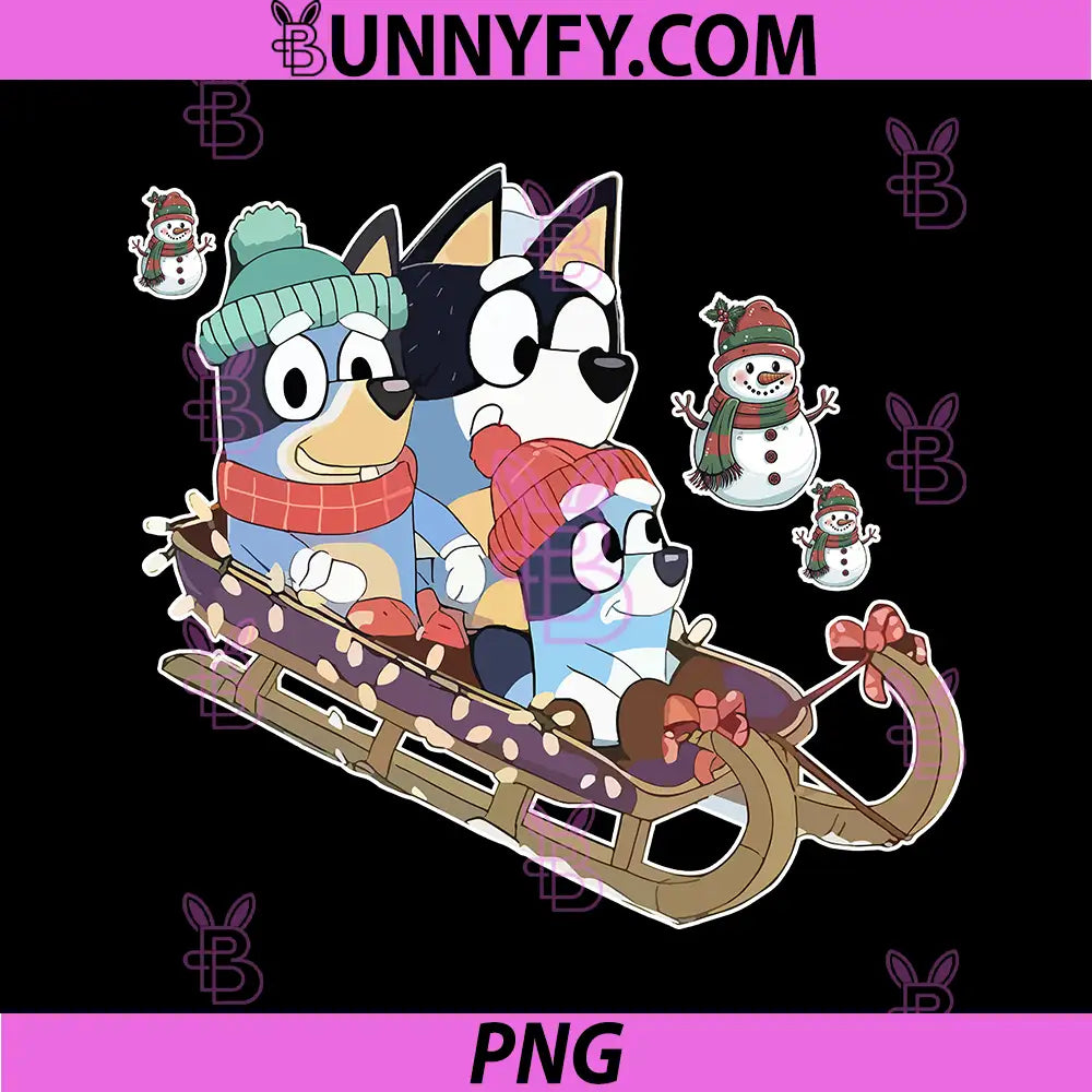Bluey Family Christmas Sled Illustration PNG, Winter Holiday Snowman PNG