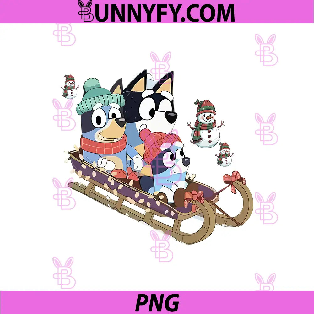 Bluey Winter Sledding Family Design PNG, Christmas Snowman Art PNG