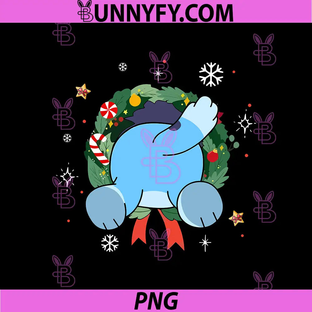 Bluey Hugging Christmas Wreath Back PNG, Festive Holiday Cartoon PNG